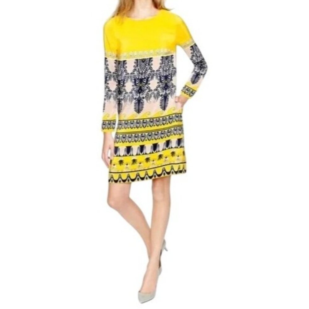J. Crew Factory Dress Size 2 Jules Scroll Print Yellow Navy &‎ Pink Shift